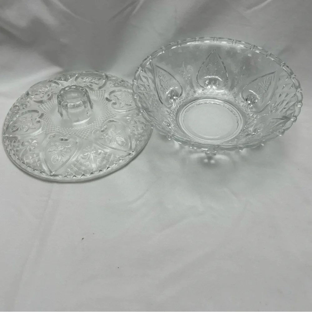 Vintage Pressed Malaysia Glass Candy Dish with Lid Heart Rose Design